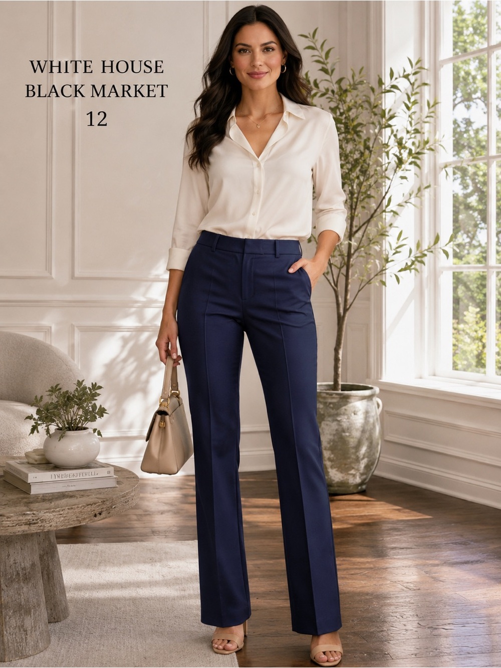 White House Black Market Navy Pintuck Straight Leg Pants Size 12